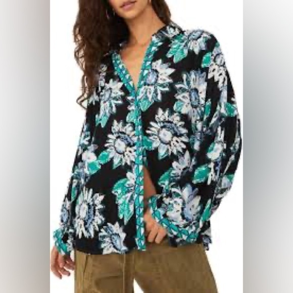 Free People women’s “Good Vibrations “ Floral Printed Button Front Shirt L - Picture 1 of 10